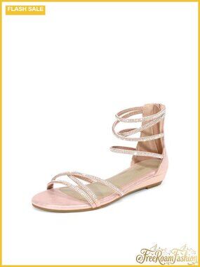 Strappy Dressy Flat Sandals Zip Closure Padded Insole Rhinestone